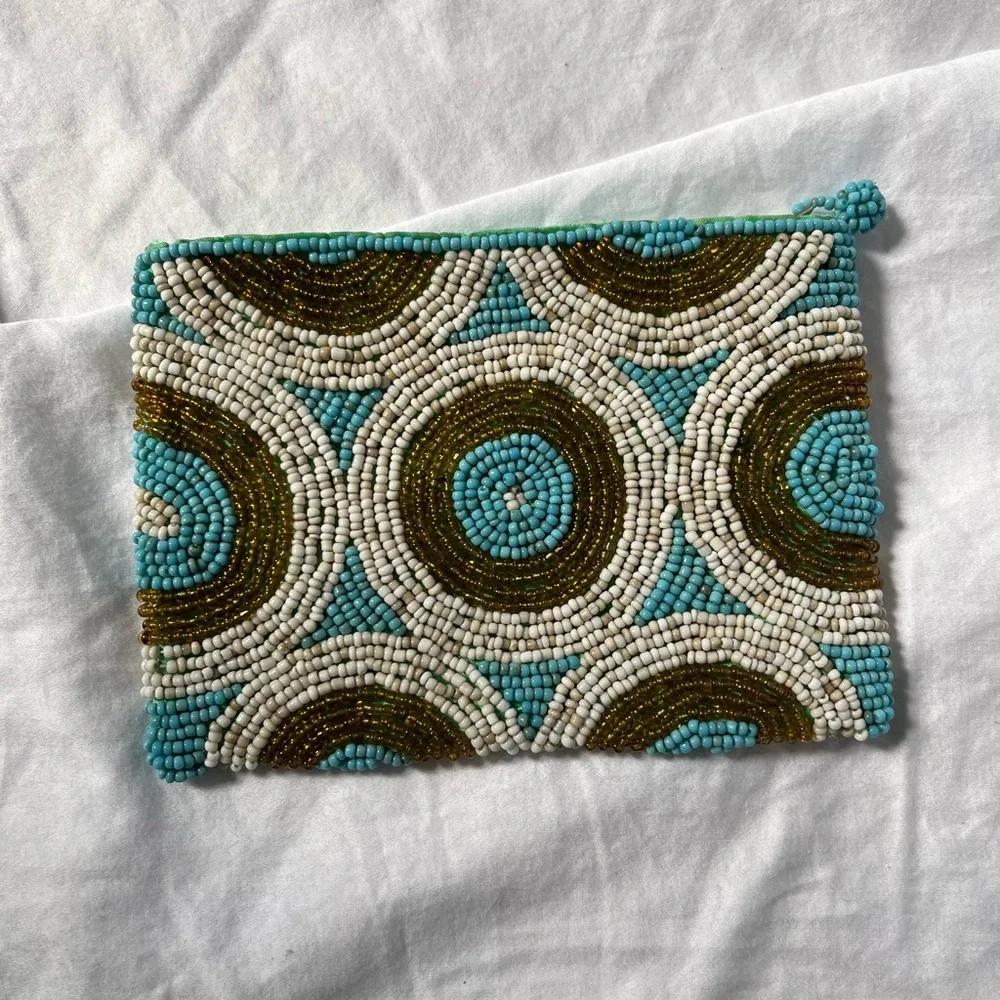 Beaded Turquoise White & Gold Wristlet Clutch